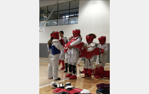 Institut de Taekwondo Paris. Les enfants se préparant pour la séance  combats . 
