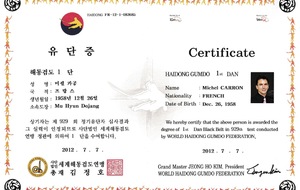 Certificat de grade 1er Dan Haidong Gumdo